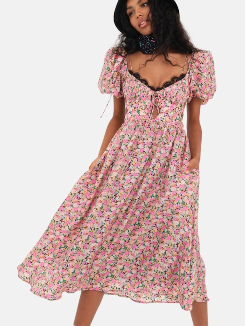 For Love And Lemons Pink Floral Midi Dress
